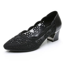 Load image into Gallery viewer, Hollow Out Genuine Leather Mid Heel Square Pump Mesh Women Shoes