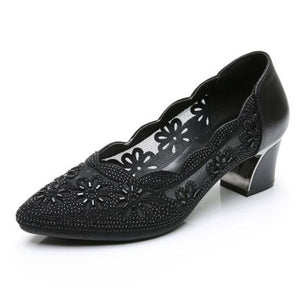 Hollow Out Genuine Leather Mid Heel Square Pump Mesh Women Shoes