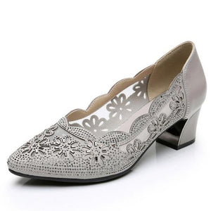 Hollow Out Genuine Leather Mid Heel Square Pump Mesh Women Shoes