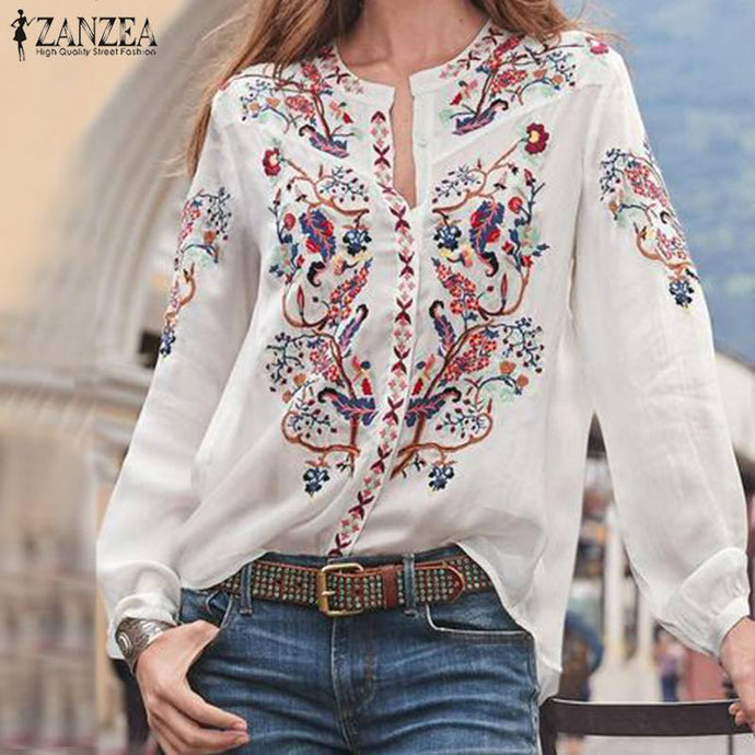 Fashion Printed Tops Women's Autumn Blouse Bohemian V Neck Long Sleeve Shirts Female Casual