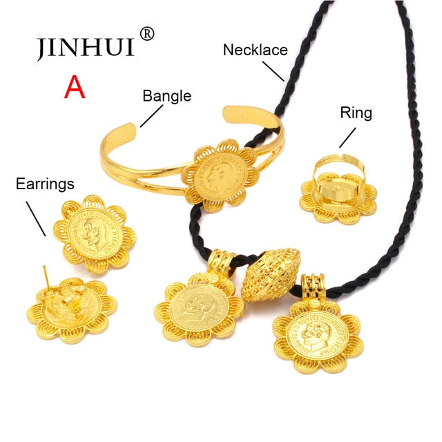 Ethiopian gold jewelry sets 24k Big Coin Pendant Necklace Earring Ring Dubai gifts for women African Eritrea wedding bridal set