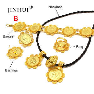 Ethiopian gold jewelry sets 24k Big Coin Pendant Necklace Earring Ring Dubai gifts for women African Eritrea wedding bridal set