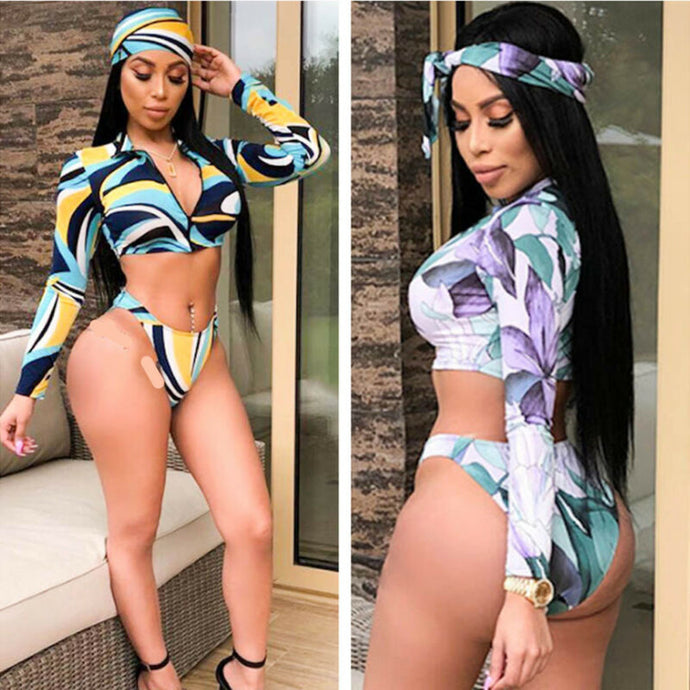 3 Pieces Bandage Floral Bikini Set Long Sleeves Zipper