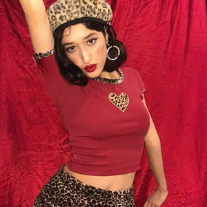 2019 New Women Leopard Print Heart Bodycon Crop Top Short Sleeve Tops Slim Sexy Women Summer T Shirt