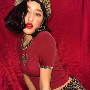 2019 New Women Leopard Print Heart Bodycon Crop Top Short Sleeve Tops Slim Sexy Women Summer T Shirt