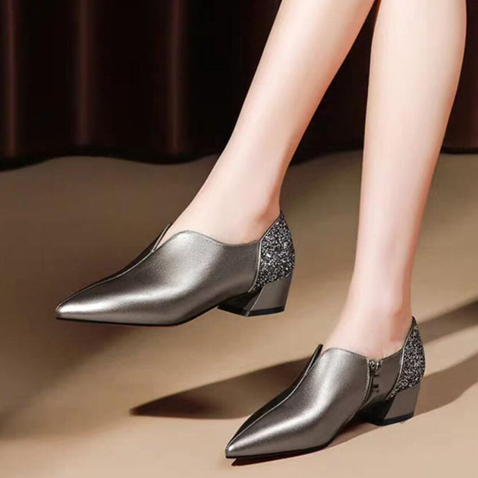 Woman Mid Heels Pumps Pointed toe Thick Heel Sequence Soft Leather Black Silver Shoe