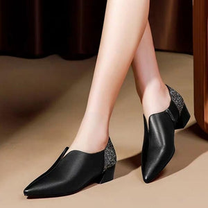 Woman Mid Heels Pumps Pointed toe Thick Heel Sequence Soft Leather Black Silver Shoe