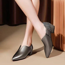 Load image into Gallery viewer, Woman Mid Heels Pumps Pointed toe Thick Heel Sequence Soft Leather Black Silver Shoe