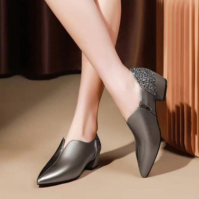 Woman Mid Heels Pumps Pointed toe Thick Heel Sequence Soft Leather Black Silver Shoe