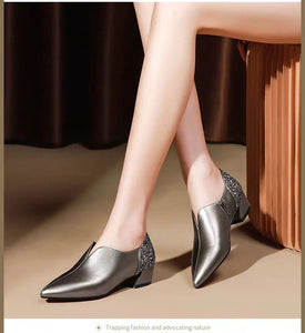 Woman Mid Heels Pumps Pointed toe Thick Heel Sequence Soft Leather Black Silver Shoe