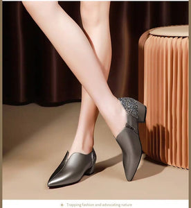 Woman Mid Heels Pumps Pointed toe Thick Heel Sequence Soft Leather Black Silver Shoe