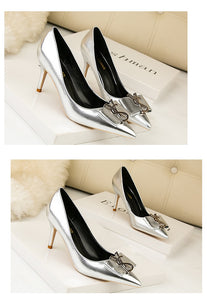 Metal Buckle Show Thin Women's Sandals Solid Patent Leather Pointed Toe Fashion Brand High Heels Shoes