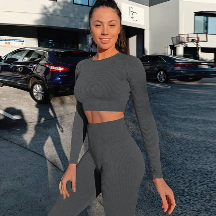 2019 Yoga Set Woman Sportswear Fitness Sport Suit Long Sleeve Gym Running Set 2 Piece Gray Workout Yoga Tracksuit