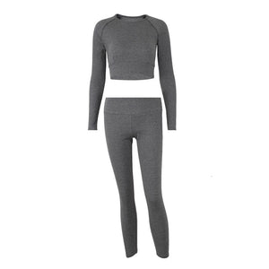 2019 Yoga Set Woman Sportswear Fitness Sport Suit Long Sleeve Gym Running Set 2 Piece Gray Workout Yoga Tracksuit