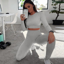 Load image into Gallery viewer, 2019 Yoga Set Woman Sportswear Fitness Sport Suit Long Sleeve Gym Running Set 2 Piece Gray Workout Yoga Tracksuit