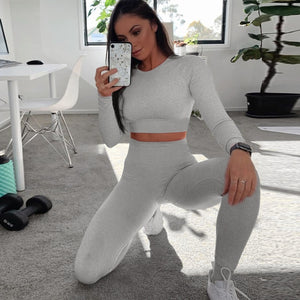 2019 Yoga Set Woman Sportswear Fitness Sport Suit Long Sleeve Gym Running Set 2 Piece Gray Workout Yoga Tracksuit