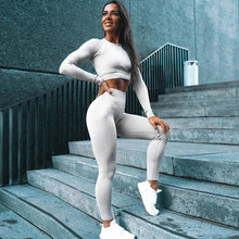 Load image into Gallery viewer, 2019 Yoga Set Woman Sportswear Fitness Sport Suit Long Sleeve Gym Running Set 2 Piece Gray Workout Yoga Tracksuit