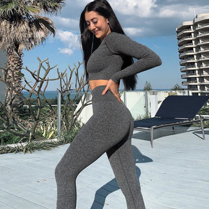 2019 Yoga Set Woman Sportswear Fitness Sport Suit Long Sleeve Gym Running Set 2 Piece Gray Workout Yoga Tracksuit