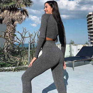 2019 Yoga Set Woman Sportswear Fitness Sport Suit Long Sleeve Gym Running Set 2 Piece Gray Workout Yoga Tracksuit