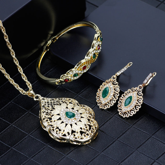 Gold Color Arabic Necklace Earring Cuff Bracelet Women Ethnic Wedding Jewelry Sets