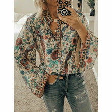 Load image into Gallery viewer, Women Floral V-neck Long Sleeve Peacock Print Shirt Charming Women Top