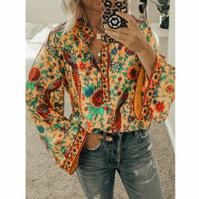 Load image into Gallery viewer, Women Floral V-neck Long Sleeve Peacock Print Shirt Charming Women Top