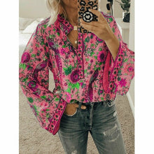 Load image into Gallery viewer, Women Floral V-neck Long Sleeve Peacock Print Shirt Charming Women Top