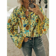 Load image into Gallery viewer, Women Floral V-neck Long Sleeve Peacock Print Shirt Charming Women Top