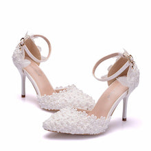 Load image into Gallery viewer, Shoes Women Sandals Wedding Bridal Shoes Pointed Toe Ultra High Heels Lace Flower Pearl Formal Dress Shoes pumps