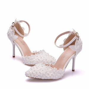 Shoes Women Sandals Wedding Bridal Shoes Pointed Toe Ultra High Heels Lace Flower Pearl Formal Dress Shoes pumps