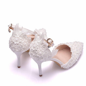 Shoes Women Sandals Wedding Bridal Shoes Pointed Toe Ultra High Heels Lace Flower Pearl Formal Dress Shoes pumps