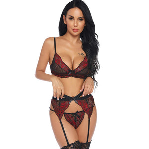 Plus Size Women Sexy Lingerie Porno Lace Bra Erotic Babydoll Sexy Underwear Costumes Teddy Latex Langerie With Garter+Thong Set