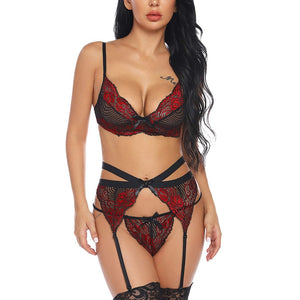 Plus Size Women Sexy Lingerie Porno Lace Bra Erotic Babydoll Sexy Underwear Costumes Teddy Latex Langerie With Garter+Thong Set