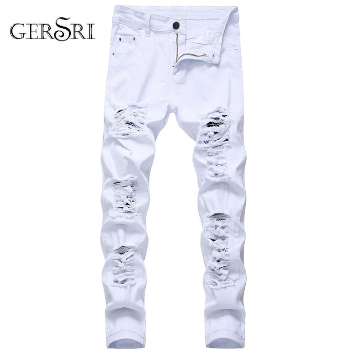 Distressed jeans men denim trousers men jeans fashion designer brand white jean male