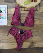 Load image into Gallery viewer, Buckle High Waist 2020 African Swimwear Red Snake Print Bathing Suit Brazilian Cut
