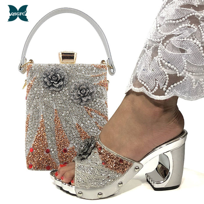 Women Italian design Silver Color Lady Shoes and Hand Bag Set