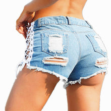 Load image into Gallery viewer, Women Sexy Hole Denim Shorts Tie Side Open Split Denim Shorts Overalls Ladies Ripped Summer Shorts