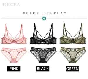 Green Bra and Panties Sets Ultrathin Brassiere Sexy Underwear Set Transparent Bras Plus Size Women Lace Lingerie Set Embroidery