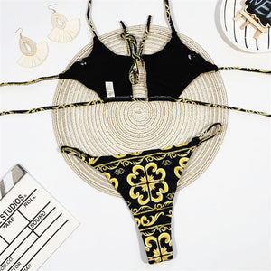 Bandage Swimsuit Women Two Piece Thong Bikini Mujer 2020 Sexy Hollow Out Print Bathing Suit Women Summer Halter Swimwear Biquini