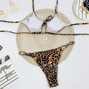 Bandage Swimsuit Women Two Piece Thong Bikini Mujer 2020 Sexy Hollow Out Print Bathing Suit Women Summer Halter Swimwear Biquini