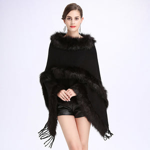 New Fashion Women Spring  Faux Fur Bat Sleeve Ponchos And Capes Pink Round-Neck Knit Sweater And Pullovers Faux Fur Coat Wedding