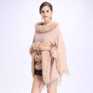 New Fashion Women Spring  Faux Fur Bat Sleeve Ponchos And Capes Pink Round-Neck Knit Sweater And Pullovers Faux Fur Coat Wedding