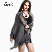 Load image into Gallery viewer, Women&#39;s Fake Fox Fur Coat Cashmere Sweater Poncho Gray Women Gray Long Thick Knitted tassel Cardigan Capes