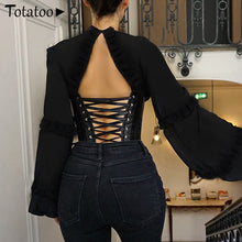 Load image into Gallery viewer, Totatoop Sexy Backless Lace Up Bandage Blouse Shirts Women 2020 V Neck Ruffles Lantern Sleeve Chiffon Corset Tops Party Tops
