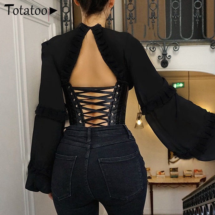 Totatoop Sexy Backless Lace Up Bandage Blouse Shirts Women 2020 V Neck Ruffles Lantern Sleeve Chiffon Corset Tops Party Tops