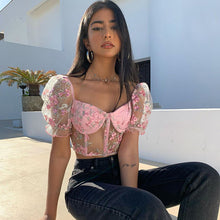 Load image into Gallery viewer, POGMNGAT Spring 2020 Sexy Women Shirts Crop Top mesh tops Floral Embroidery tshirt Puff sleeve off the shoulder tops for Women