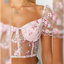 Load image into Gallery viewer, POGMNGAT Spring 2020 Sexy Women Shirts Crop Top mesh tops Floral Embroidery tshirt Puff sleeve off the shoulder tops for Women