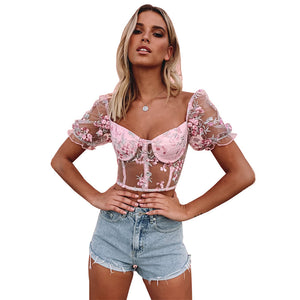 POGMNGAT Spring 2020 Sexy Women Shirts Crop Top mesh tops Floral Embroidery tshirt Puff sleeve off the shoulder tops for Women