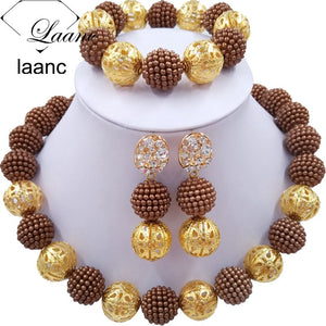 Brown Simulated Pearl Beads African Jewelry Set Nigerian Wedding Necklace Sets