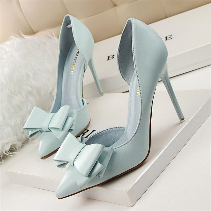 Fashion Delicate Sweet Bowknot High Heel Shoes Side Hollow Pointed Women Pumps Pointed Toe 10.5CM thin Dress Shoes